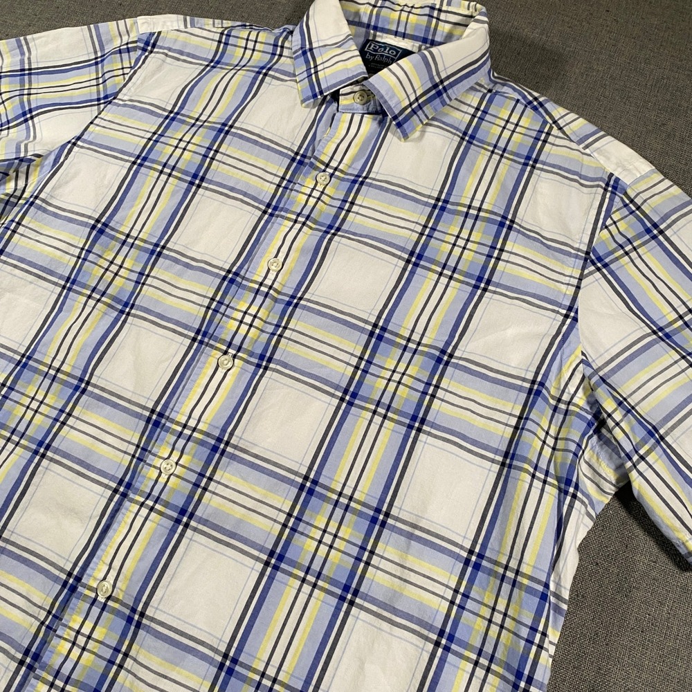 Vintage Polo Ralph Lauren Button Down Men XL White Blue Plaid Bradford Custom‎